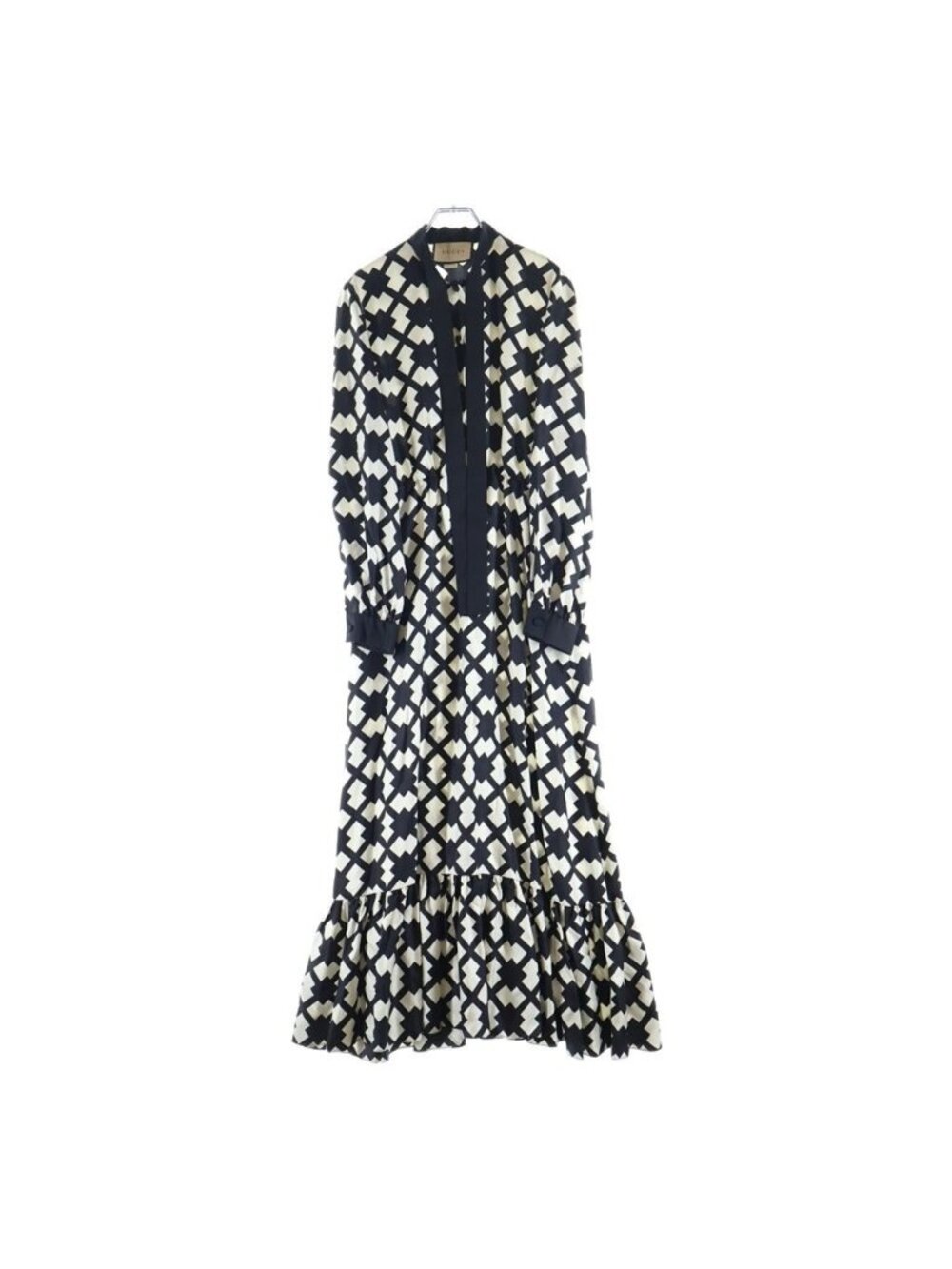 Gucci Lambus Tile All Over Print Silk Bow Tie Color Long Sleeve Dress Black